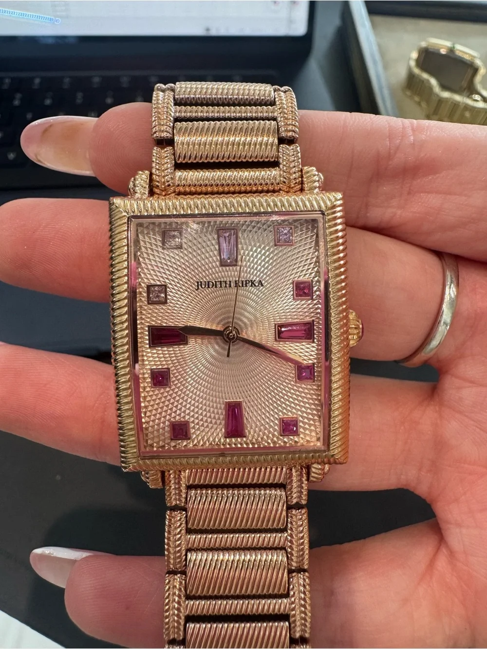 Judith Ripka Rose Gold-Tone Rectangular Classic Bracelet Watch with Stone Accent